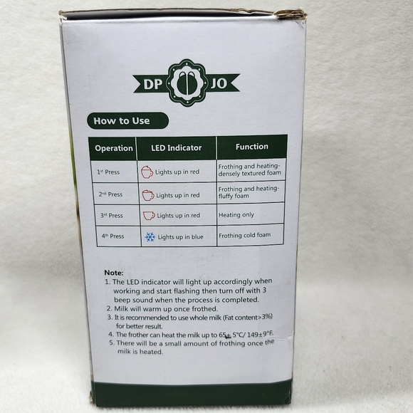 DPJO Milk Frother Frothing Cooffee Never Used - Picture 5 of 6